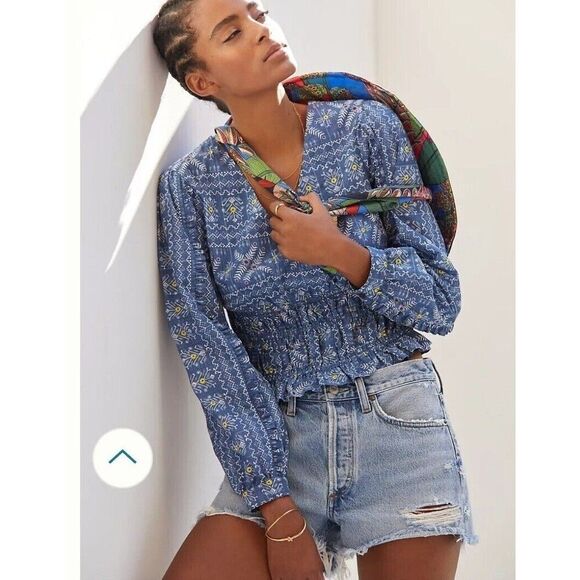 Anthropologie Forever That Girl Embroidered Smocked Waist Boho Top Small - Picture 3 of 10